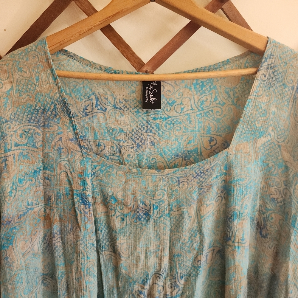 Plus Side Short Sleeve Tunic Beach Cover Floral Blue Gray Asymmetrical Hem 4x - Picture 4 of 10